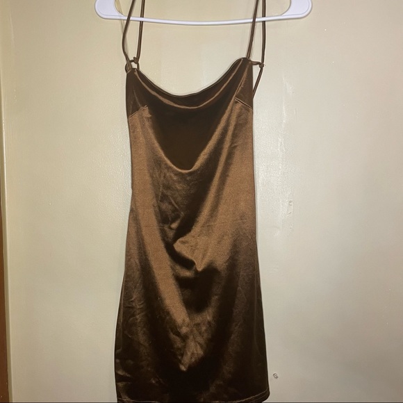 Brown Crowl Neck Mini Satin Dress - Picture 2 of 6
